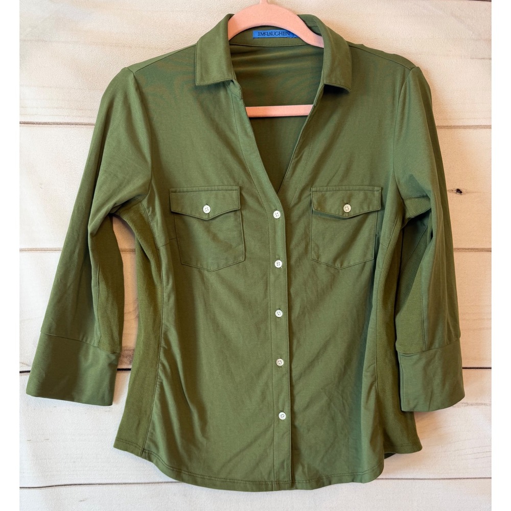J.McLaughlin Olive Green Button Front Top Ribbed Side Panels Size S